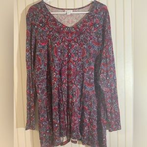 J.JILL Jersey Knit Tunic Top Women’s Size 2X Damask Print V-Neck Long Sleeve